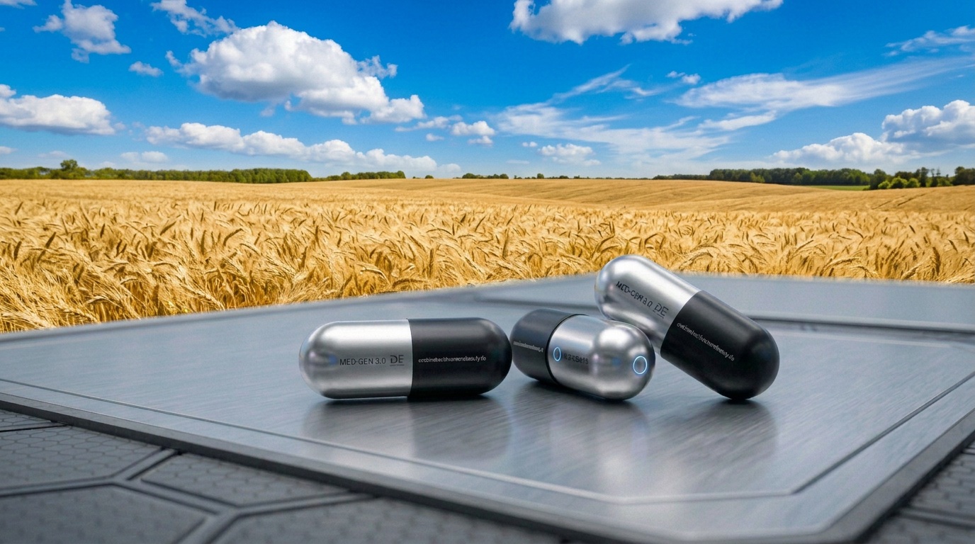 Silver and black capsules on a metallic platform in front of a golden wheat field — MED-GEN 3.0
